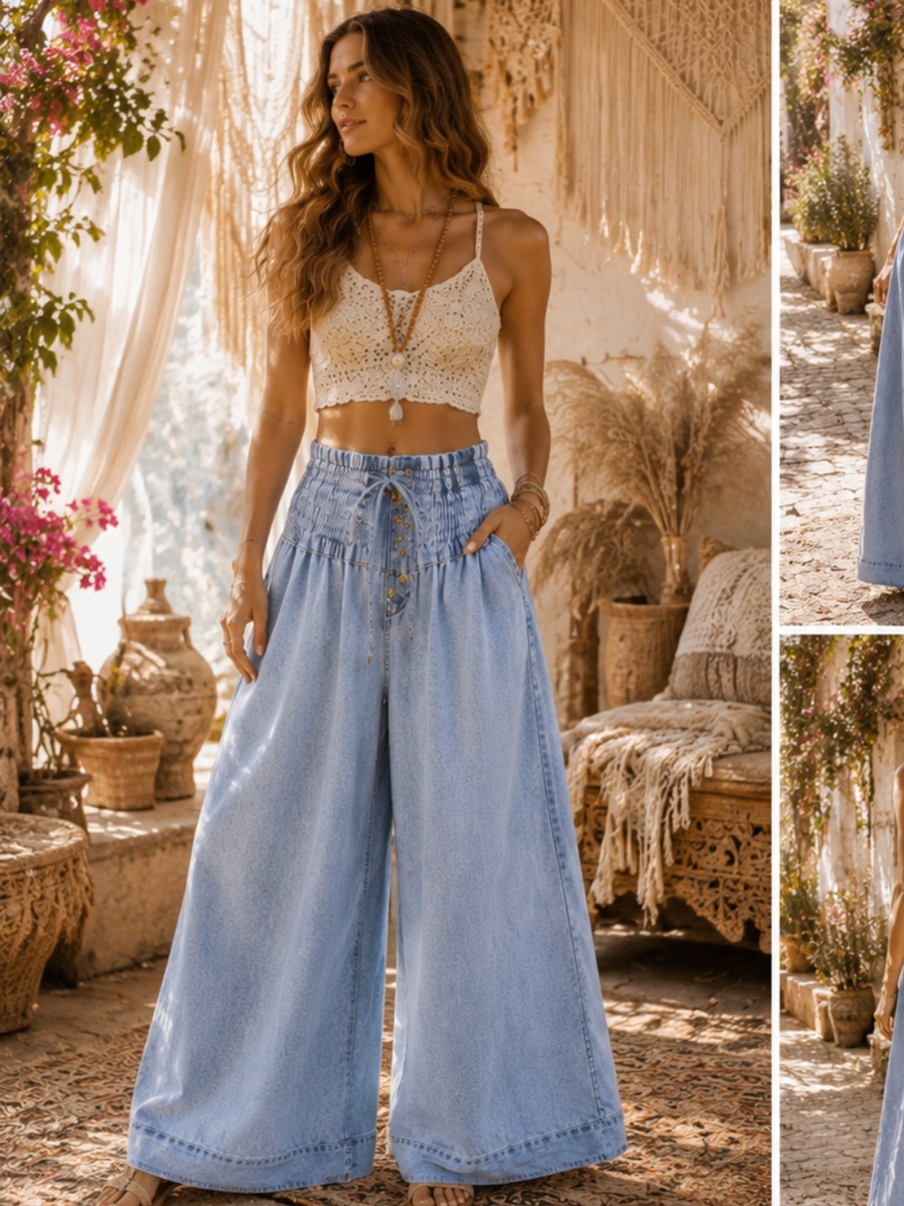 🆕 ee:some Mineral Washed Soft Denim Pleated Wide Leg Pants